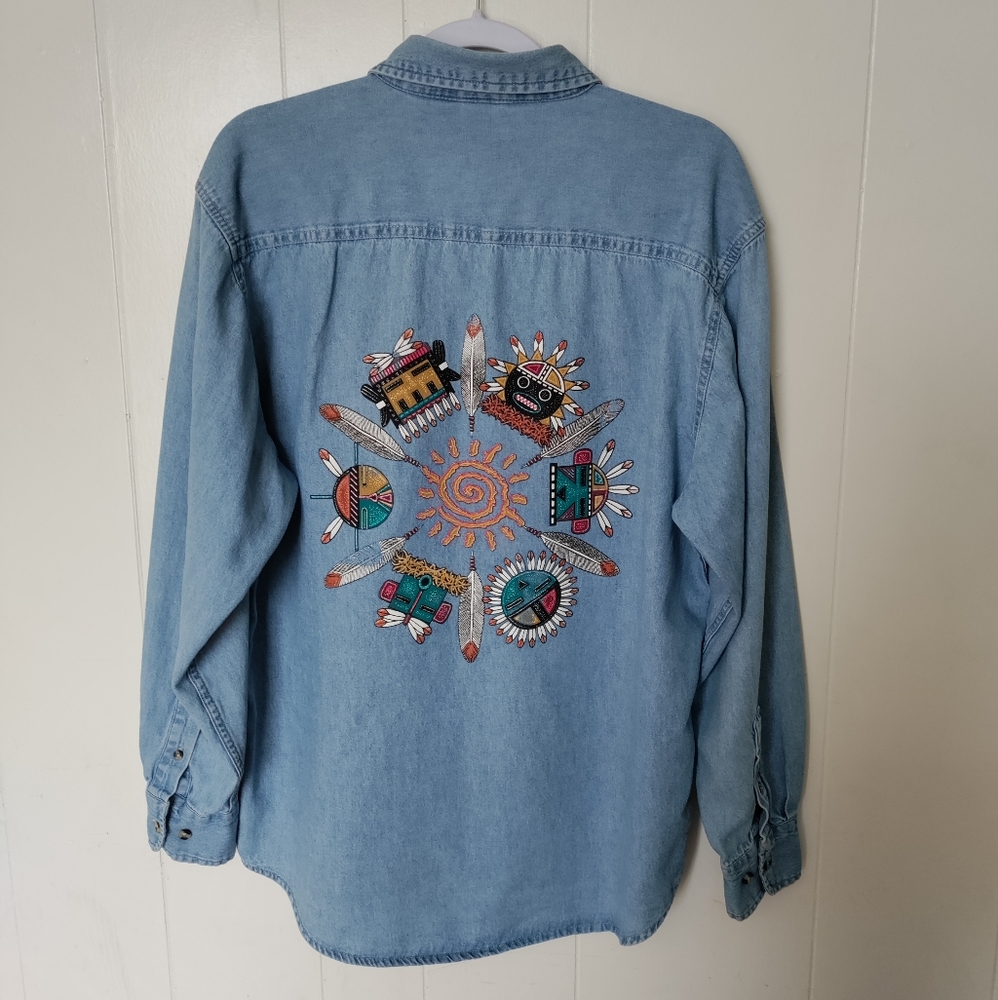 Vintage 90s denim shirt aztec graphic distressed jacket button up cotton